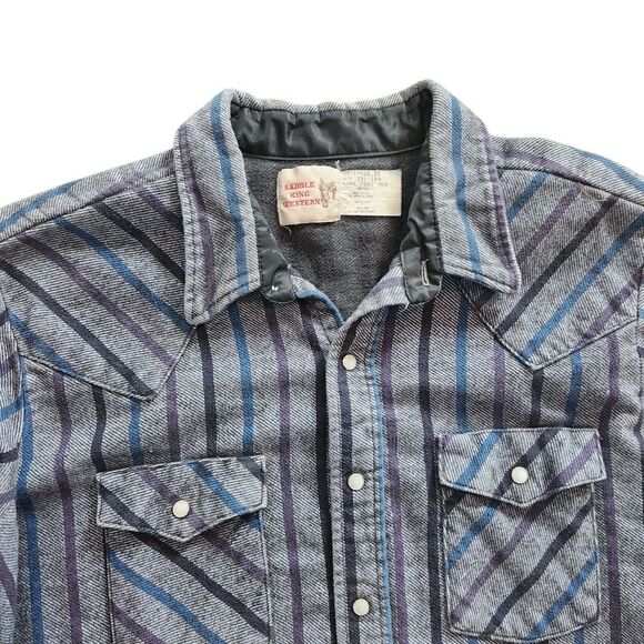 Vtg Saddle King Western Shirt Mens 2X: 18.5 Long Sleeve Blue Stripe Pearl Snap - Picture 6 of 9